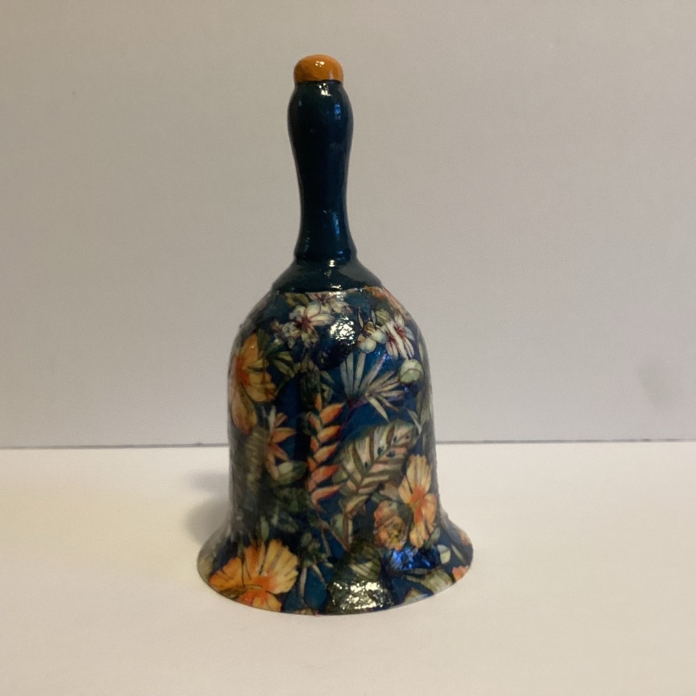 Elegant Decoupaged Floral Decorative Bell in Blue and Orange